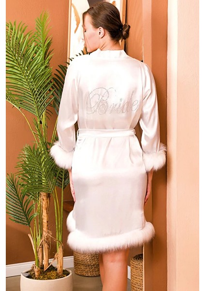 Lady Saten Beyaz Kolları Tüylü Sabahlık Lüks A Kalite Sabahlık fiyatları