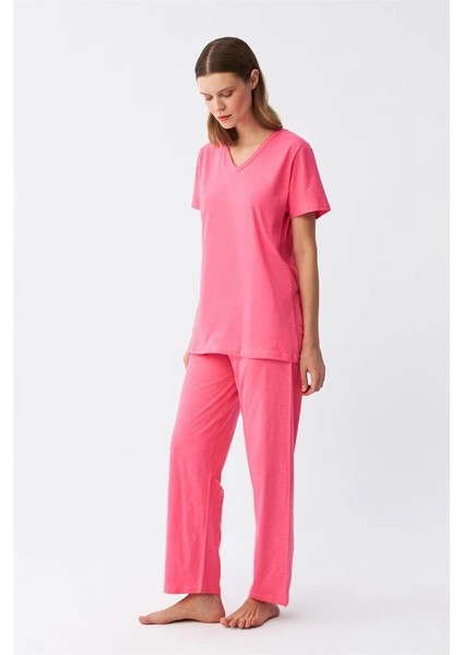Moda Kadın Kısa Kol Pamuk Penye Pijama Takım Fuşya indirimleri