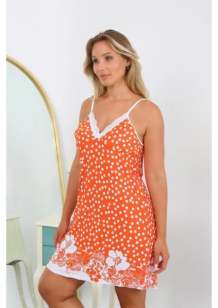 Moda Kadın Pamuk Büyük Beden Ip Askılı Desenli Gecelik Turuncu