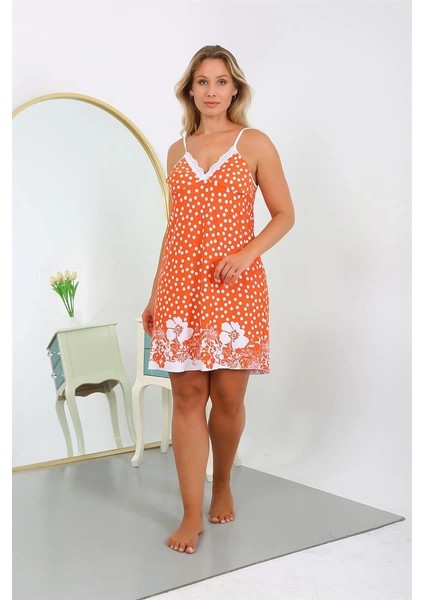 Moda Kadın Pamuk Büyük Beden Ip Askılı Desenli Gecelik Turuncu fırsatları