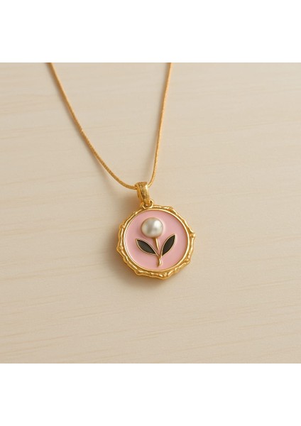 Pembe Mineli Incili Çiçekli Çelik Kolye