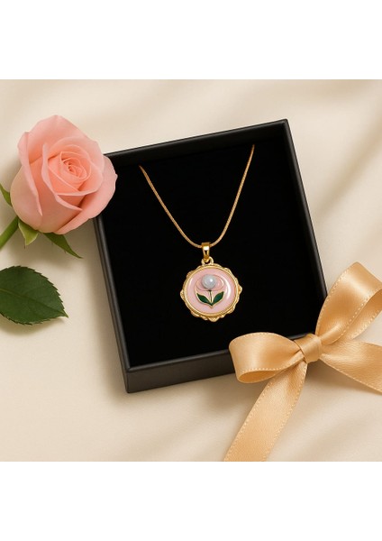 Pembe Mineli Incili Çiçekli Çelik Kolye fiyatları