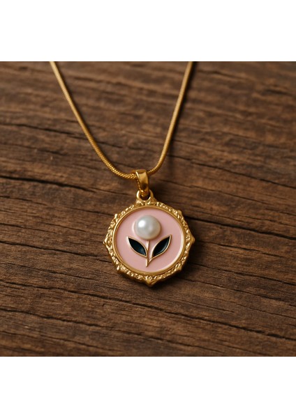 Pembe Mineli Incili Çiçekli Çelik Kolye modelleri
