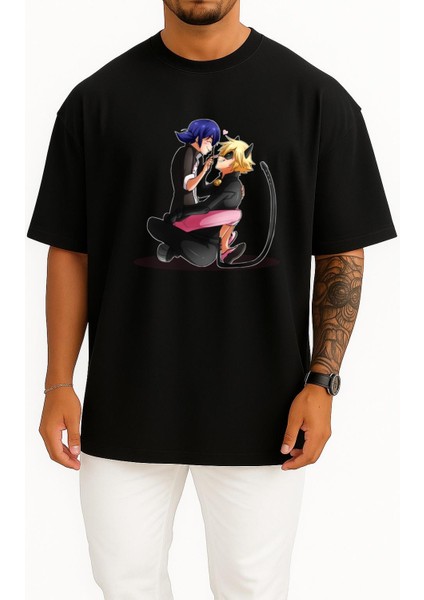 Oversize Adrien Agreste Marinette Dupain Göğüs Tasarımlı Unisex T-Shirt