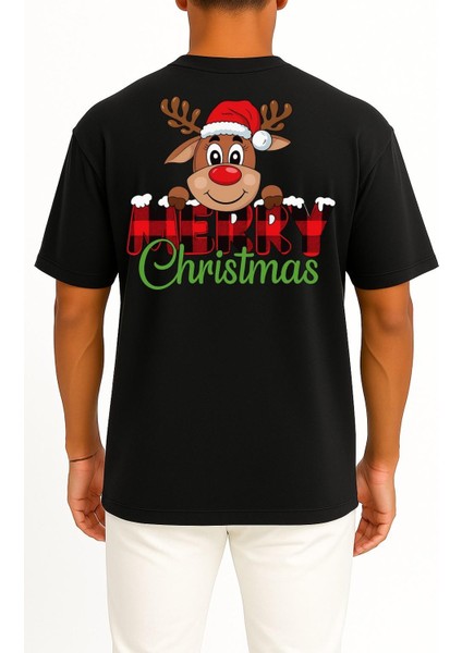 Oversize Merry Christmas Noel Geyiği Cep ve Sırt Baskılı Unisex T-Shirt fiyatları