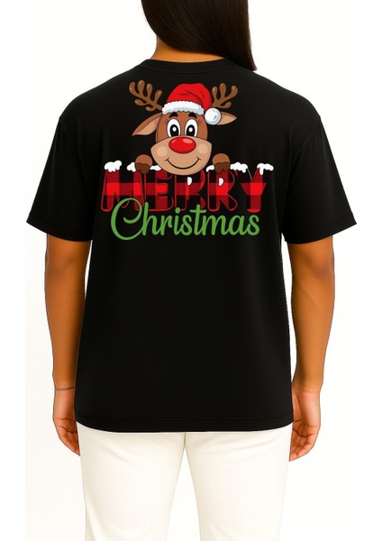 Oversize Merry Christmas Noel Geyiği Cep ve Sırt Baskılı Unisex T-Shirt fırsatları