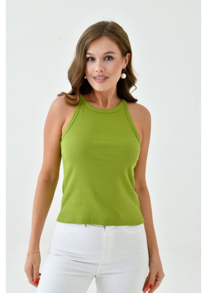 Kadın Askılı Fitilli Kaşkorse Spor Şık Crop Bluz