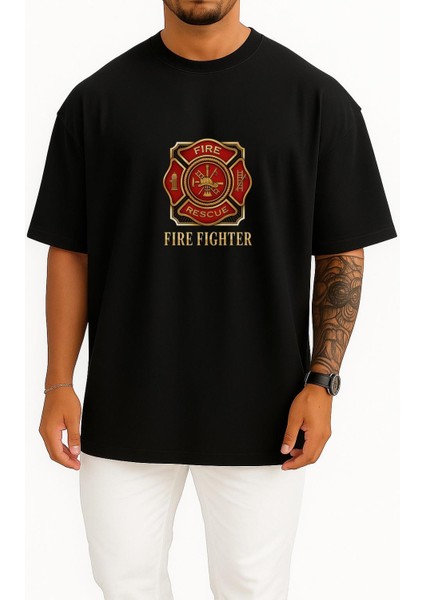 Oversize Itfaiye - Fire Rescue Göğüs Tasarımlı Unisex T-Shirt