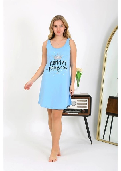 Moda Kadın Kalın Askılı Penye Gecelik Mavi