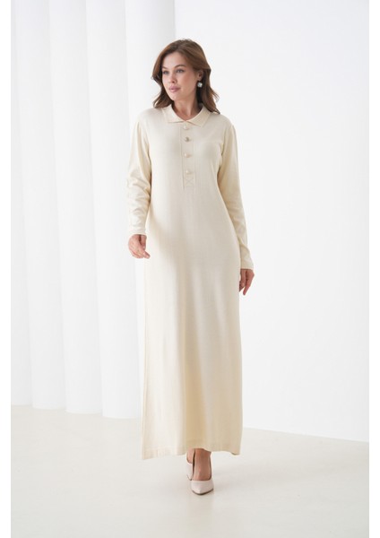 Kadın Uzun Kol Gömlek Yaka Triko Önden Düğmeli Triko Spor Şık Elbise