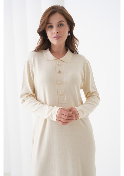 Kadın Uzun Kol Gömlek Yaka Triko Önden Düğmeli Triko Spor Şık Elbise indirimleri