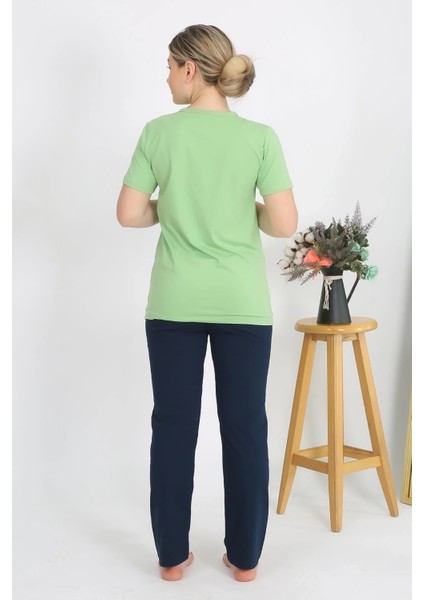 Moda Kadın Kısa Kol Pamuk Penye Pijama Takım Fıstık Yeşili modelleri