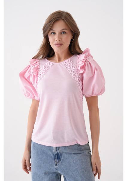 Kadın Bisiklet Yaka Volanlı Karpuz Kol Güpür Detaylı Spor Şık Çiçek Güpürlü Bluz