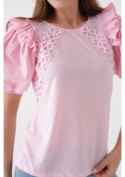 Kadın Bisiklet Yaka Volanlı Karpuz Kol Güpür Detaylı Spor Şık Çiçek Güpürlü Bluz fiyatları