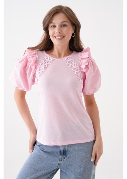 Kadın Bisiklet Yaka Volanlı Karpuz Kol Güpür Detaylı Spor Şık Çiçek Güpürlü Bluz modelleri