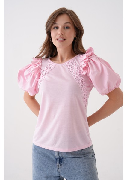 Kadın Bisiklet Yaka Volanlı Karpuz Kol Güpür Detaylı Spor Şık Çiçek Güpürlü Bluz fırsatları