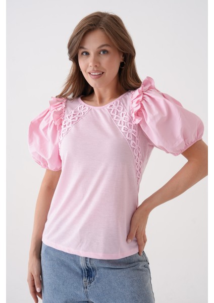 Kadın Bisiklet Yaka Volanlı Karpuz Kol Güpür Detaylı Spor Şık Çiçek Güpürlü Bluz indirimleri