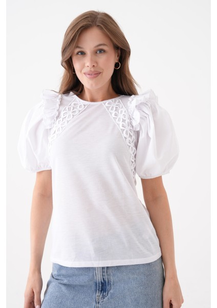 Kadın Bisiklet Yaka Volanlı Karpuz Kol Güpür Detaylı Spor Şık Çiçek Güpürlü Bluz