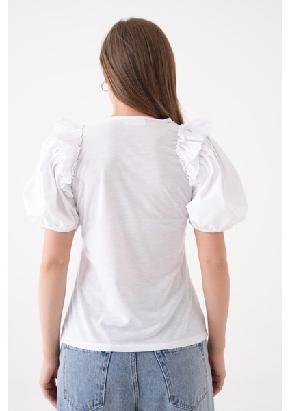 Kadın Bisiklet Yaka Volanlı Karpuz Kol Güpür Detaylı Spor Şık Çiçek Güpürlü Bluz fiyatları