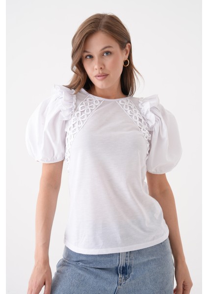 Kadın Bisiklet Yaka Volanlı Karpuz Kol Güpür Detaylı Spor Şık Çiçek Güpürlü Bluz modelleri