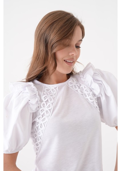 Kadın Bisiklet Yaka Volanlı Karpuz Kol Güpür Detaylı Spor Şık Çiçek Güpürlü Bluz fırsatları