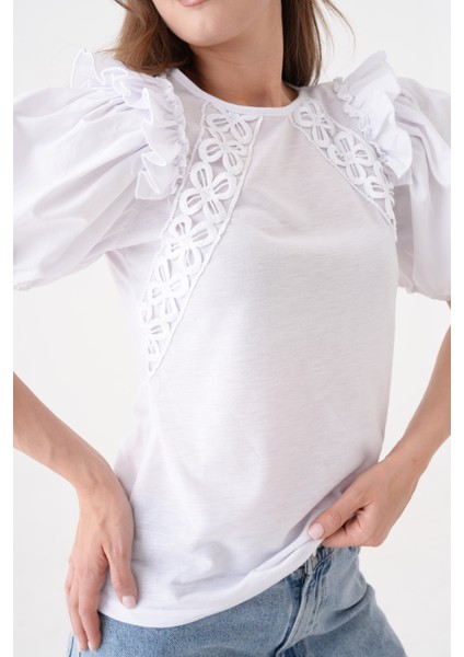 Kadın Bisiklet Yaka Volanlı Karpuz Kol Güpür Detaylı Spor Şık Çiçek Güpürlü Bluz indirimleri