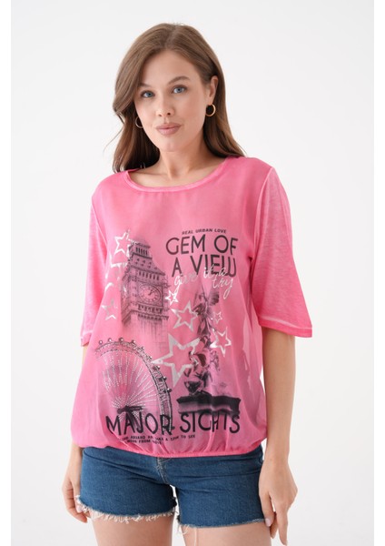 Kadın Bisiklet Yaka Kısa Kol Baskı Detaylı Spor Şık Curve Beli Lastikli Şifon Bluz