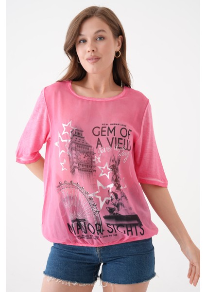 Kadın Bisiklet Yaka Kısa Kol Baskı Detaylı Spor Şık Curve Beli Lastikli Şifon Bluz fiyatları