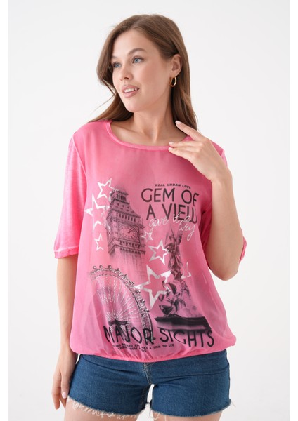 Kadın Bisiklet Yaka Kısa Kol Baskı Detaylı Spor Şık Curve Beli Lastikli Şifon Bluz modelleri