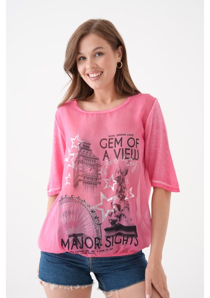 Kadın Bisiklet Yaka Kısa Kol Baskı Detaylı Spor Şık Curve Beli Lastikli Şifon Bluz indirimleri