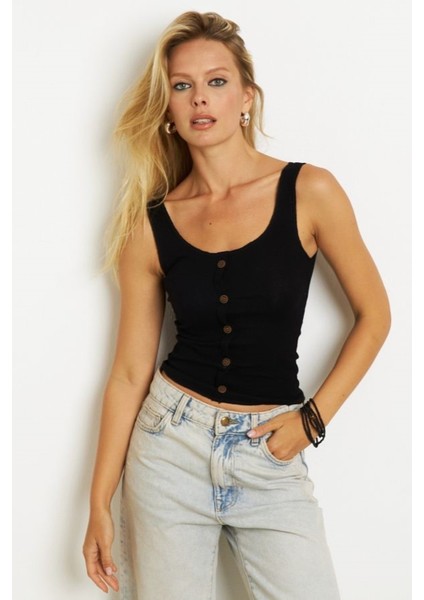 Kadın Kare Yaka Önden Düğmeli Yazlık Crop Top Bluz