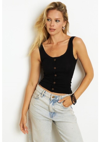 Kadın Kare Yaka Önden Düğmeli Yazlık Crop Top Bluz fiyatları
