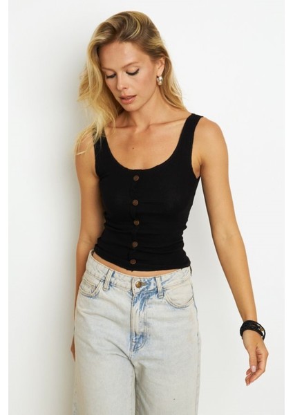 Kadın Kare Yaka Önden Düğmeli Yazlık Crop Top Bluz modelleri