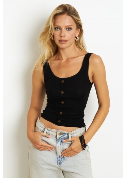 Kadın Kare Yaka Önden Düğmeli Yazlık Crop Top Bluz fırsatları