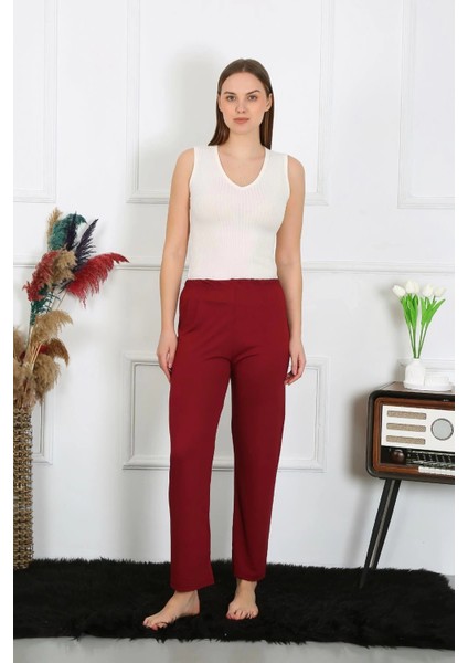 Moda Kadın Pamuk Penye Tek Alt Pijama Bordo