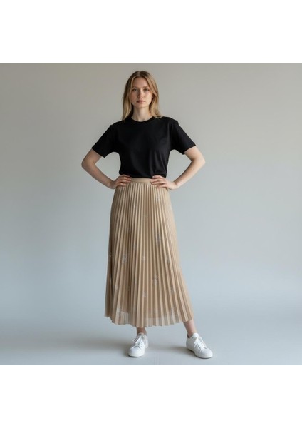 Deri Görünümlü Kelebek ve Taş Detaylı Pileli Pamuklu Dokuma Viskon 4 Mevsim Etek(95 Cm)-(38-50)