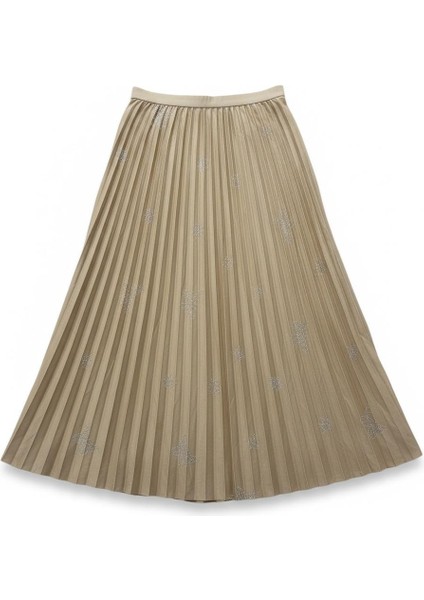 Deri Görünümlü Kelebek ve Taş Detaylı Pileli Pamuklu Dokuma Viskon 4 Mevsim Etek(95 Cm)-(38-50) modelleri