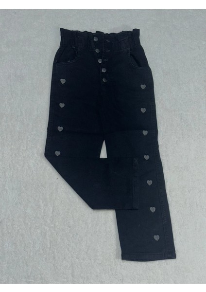9 Yaş Kız Çocuk Beş Düğmeli Kalp Işlemeli Jeans Pantolon Siyah