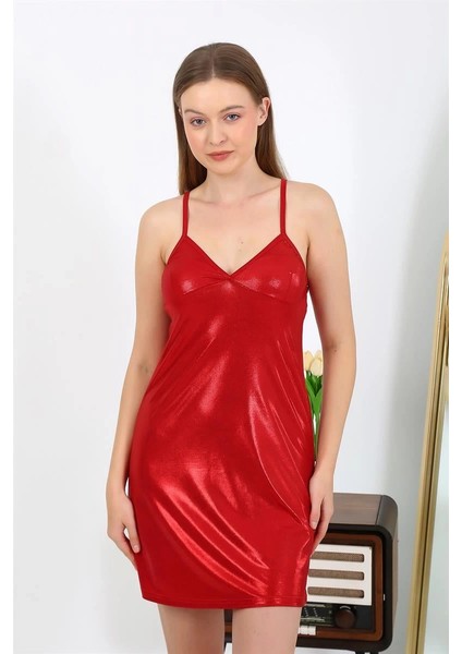 Moda Ip Askılı Micro Kumaş Kısa Parlak Gecelik Ev Giyim Kırmızı