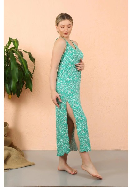 Moda Kadın Ip Askılı Yırtmaçlı Uzun Yeşil Gecelik modelleri