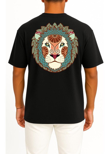 Oversize Aslan Burç - Astroloji Cep ve Sırt Tasarımlı Unisex T-Shirt fiyatları
