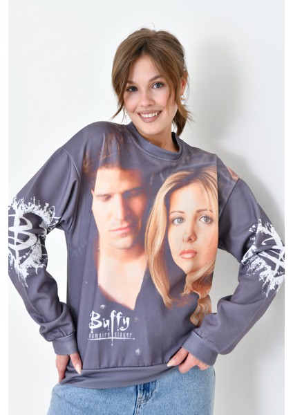 Kadın Yüz Baskılı Oversize Geniş Kalıp Desenli Curve Sweatshirt