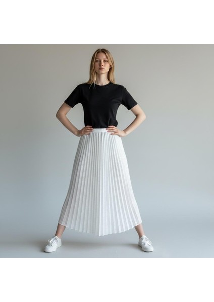 Deri Görünümlü Taş Detaylı Pileli Pamuklu Dokuma Viskon 4 Mevsim Etek(95 Cm)-(38-50)