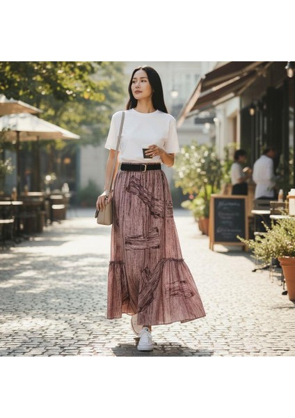 Bohem Şifon Kemerli Beli Lastikli Etek(95 Cm)-(38-50) modelleri