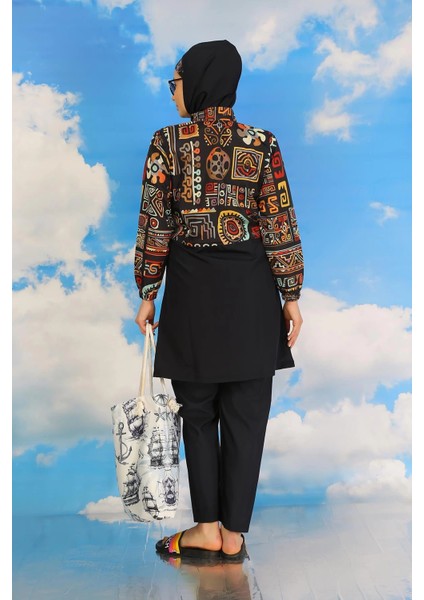 Moda Kadın Pantolonlu Desenli Tam Tesettür Mayo Lacivert fırsatları