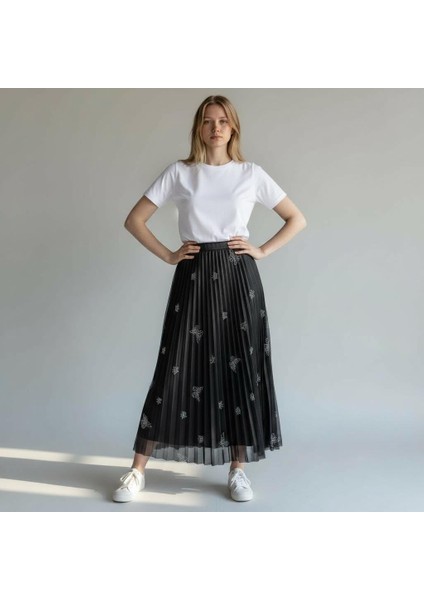 Deri Görünümlü Kelebek ve Taş Detaylı Pileli Pamuklu Dokuma Viskon 4 Mevsim Etek(95 Cm)-(38-50)