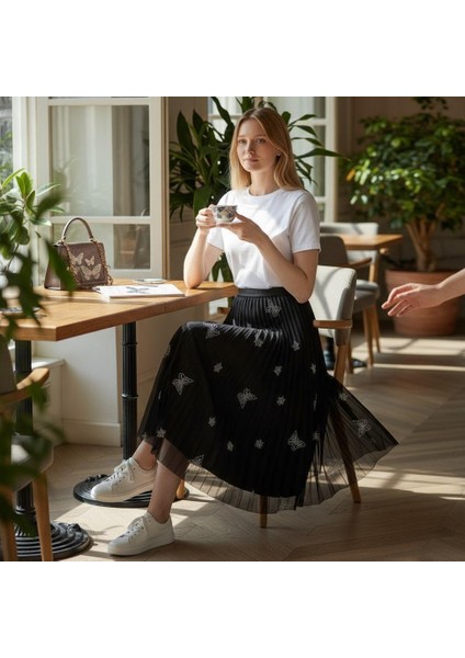 Deri Görünümlü Kelebek ve Taş Detaylı Pileli Pamuklu Dokuma Viskon 4 Mevsim Etek(95 Cm)-(38-50) fiyatları