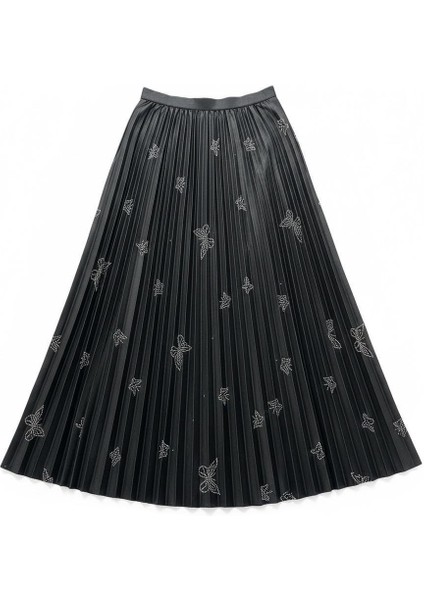 Deri Görünümlü Kelebek ve Taş Detaylı Pileli Pamuklu Dokuma Viskon 4 Mevsim Etek(95 Cm)-(38-50) modelleri