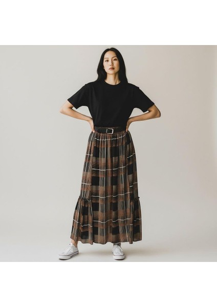 Bohem Şifon Kemerli Beli Lastikli Etek(95 Cm)-(38-50)