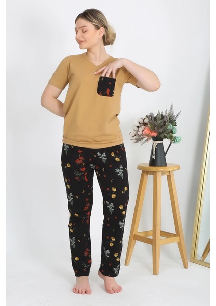 Moda Kadın Kısa Kol Pamuk Penye Pijama Takım Hardal fiyatları